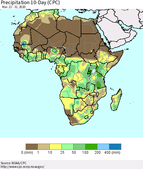 Africa Precipitation 10-Day (CPC) Thematic Map For 3/21/2020 - 3/31/2020