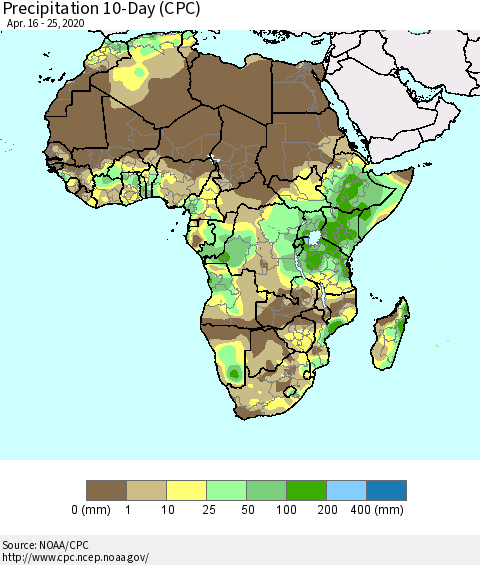 Africa Precipitation 10-Day (CPC) Thematic Map For 4/16/2020 - 4/25/2020