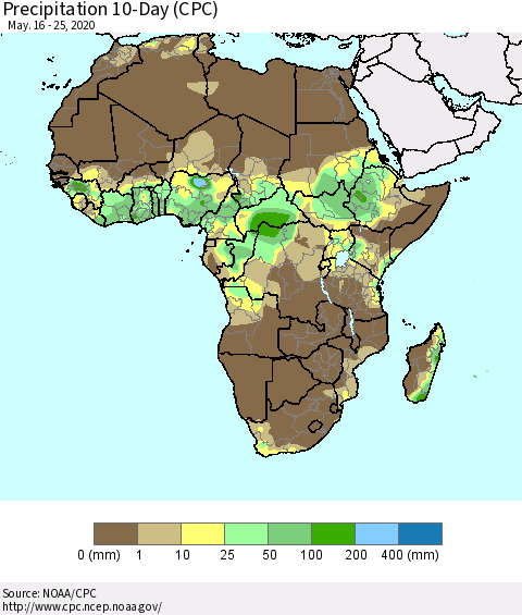 Africa Precipitation 10-Day (CPC) Thematic Map For 5/16/2020 - 5/25/2020