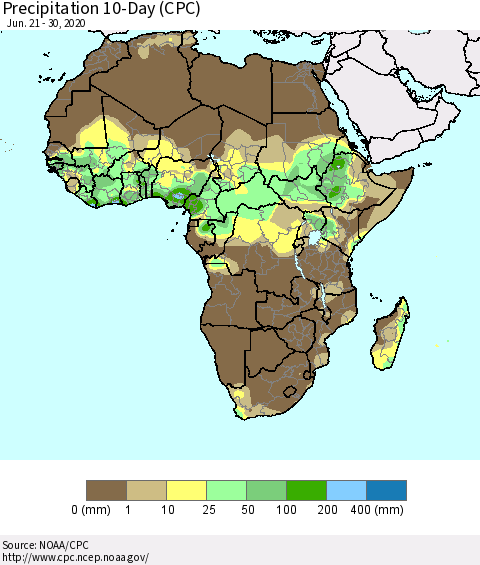 Africa Precipitation 10-Day (CPC) Thematic Map For 6/21/2020 - 6/30/2020