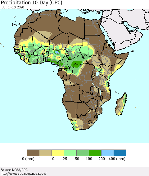 Africa Precipitation 10-Day (CPC) Thematic Map For 7/1/2020 - 7/10/2020