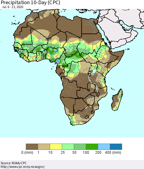 Africa Precipitation 10-Day (CPC) Thematic Map For 7/6/2020 - 7/15/2020