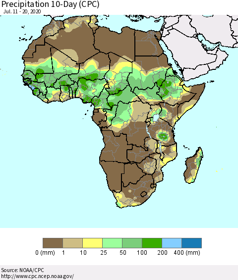 Africa Precipitation 10-Day (CPC) Thematic Map For 7/11/2020 - 7/20/2020