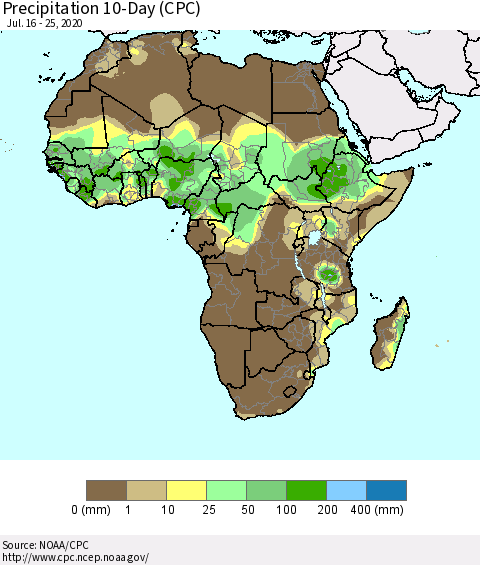 Africa Precipitation 10-Day (CPC) Thematic Map For 7/16/2020 - 7/25/2020