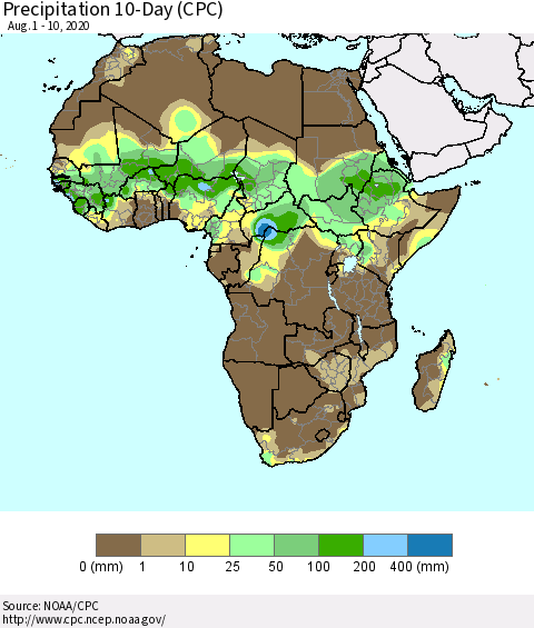 Africa Precipitation 10-Day (CPC) Thematic Map For 8/1/2020 - 8/10/2020