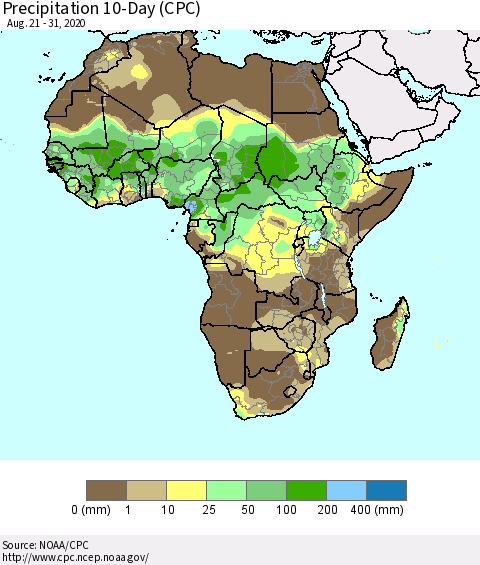 Africa Precipitation 10-Day (CPC) Thematic Map For 8/21/2020 - 8/31/2020