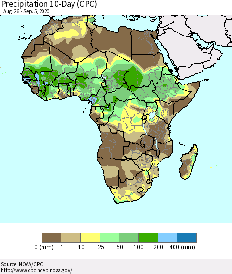Africa Precipitation 10-Day (CPC) Thematic Map For 8/26/2020 - 9/5/2020