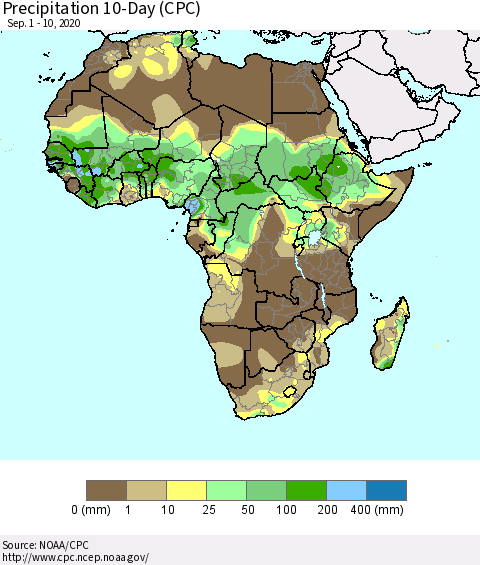 Africa Precipitation 10-Day (CPC) Thematic Map For 9/1/2020 - 9/10/2020
