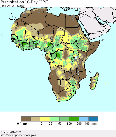 Africa Precipitation 10-Day (CPC) Thematic Map For 9/26/2020 - 10/5/2020