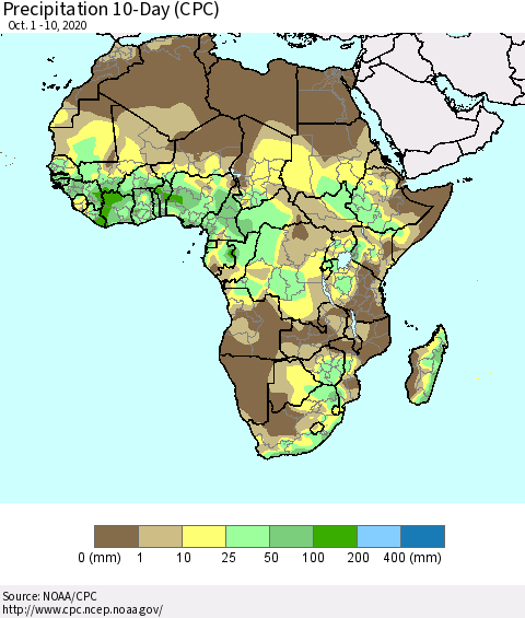 Africa Precipitation 10-Day (CPC) Thematic Map For 10/1/2020 - 10/10/2020