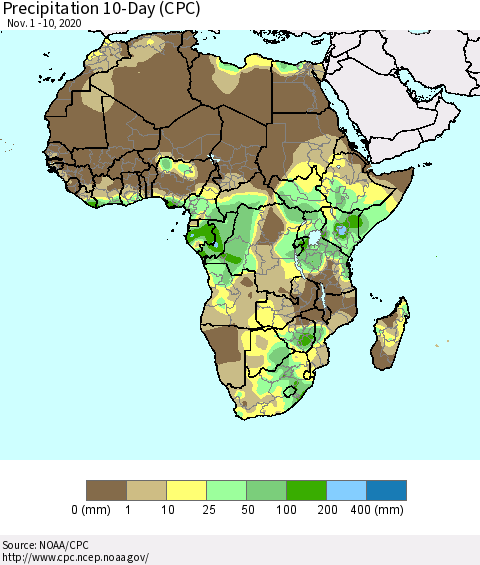 Africa Precipitation 10-Day (CPC) Thematic Map For 11/1/2020 - 11/10/2020