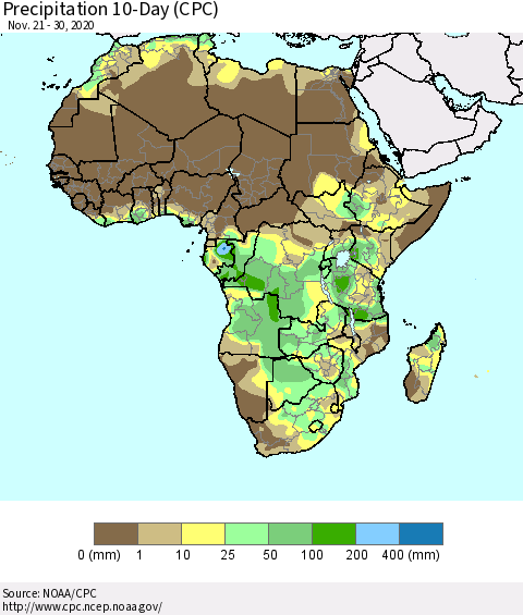 Africa Precipitation 10-Day (CPC) Thematic Map For 11/21/2020 - 11/30/2020