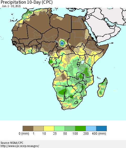 Africa Precipitation 10-Day (CPC) Thematic Map For 1/1/2021 - 1/10/2021