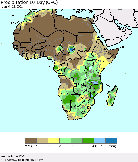 Africa Precipitation 10-Day (CPC) Thematic Map For 1/6/2021 - 1/15/2021