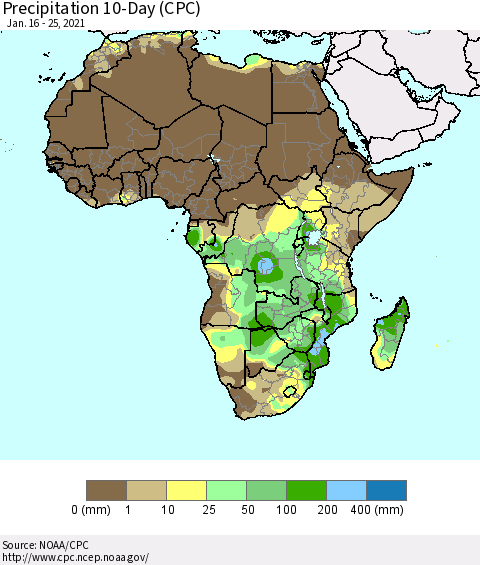 Africa Precipitation 10-Day (CPC) Thematic Map For 1/16/2021 - 1/25/2021