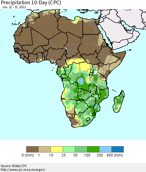 Africa Precipitation 10-Day (CPC) Thematic Map For 1/21/2021 - 1/31/2021