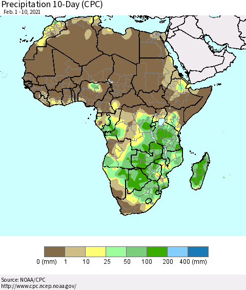 Africa Precipitation 10-Day (CPC) Thematic Map For 2/1/2021 - 2/10/2021