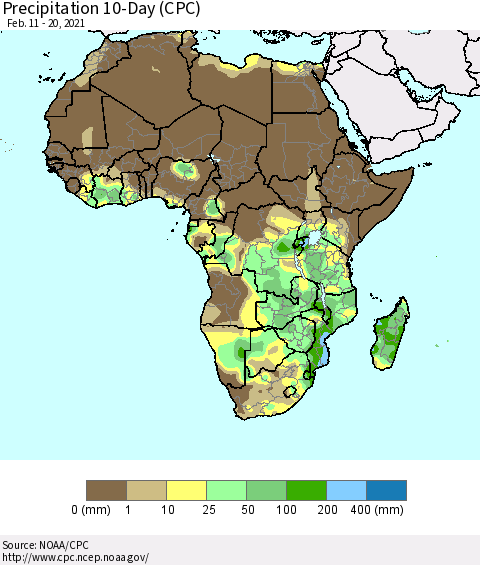 Africa Precipitation 10-Day (CPC) Thematic Map For 2/11/2021 - 2/20/2021