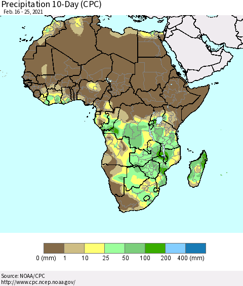 Africa Precipitation 10-Day (CPC) Thematic Map For 2/16/2021 - 2/25/2021