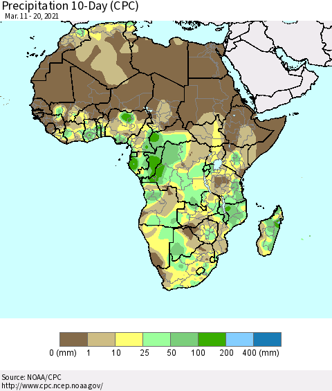 Africa Precipitation 10-Day (CPC) Thematic Map For 3/11/2021 - 3/20/2021