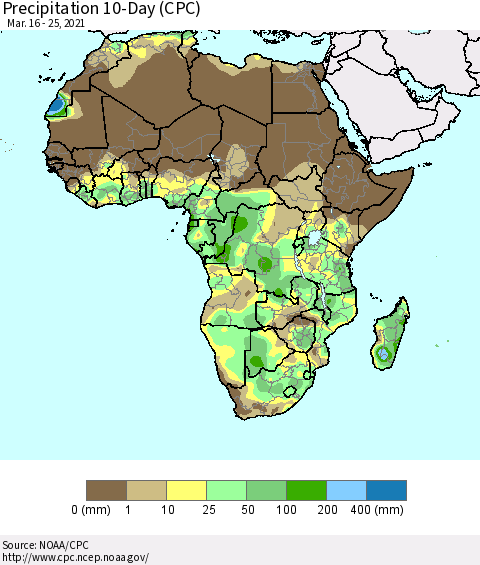 Africa Precipitation 10-Day (CPC) Thematic Map For 3/16/2021 - 3/25/2021