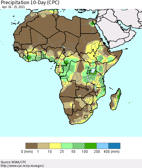 Africa Precipitation 10-Day (CPC) Thematic Map For 4/16/2021 - 4/25/2021