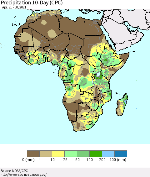 Africa Precipitation 10-Day (CPC) Thematic Map For 4/21/2021 - 4/30/2021
