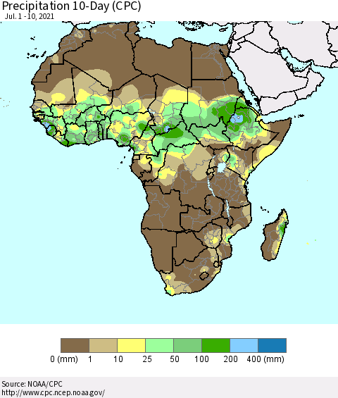 Africa Precipitation 10-Day (CPC) Thematic Map For 7/1/2021 - 7/10/2021