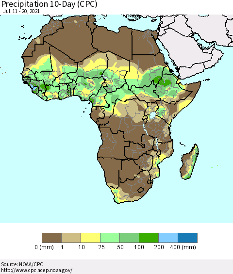 Africa Precipitation 10-Day (CPC) Thematic Map For 7/11/2021 - 7/20/2021
