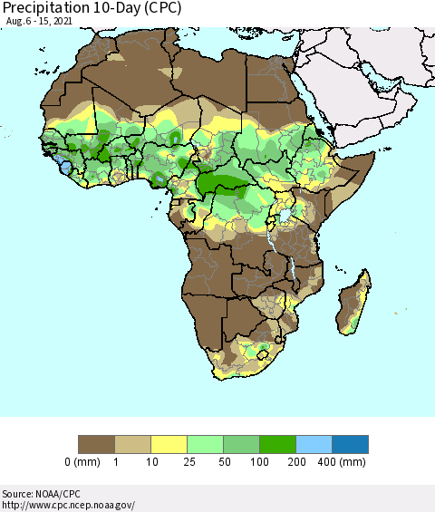 Africa Precipitation 10-Day (CPC) Thematic Map For 8/6/2021 - 8/15/2021
