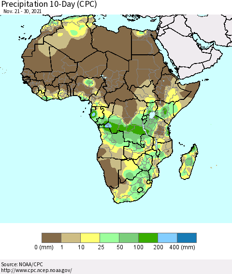 Africa Precipitation 10-Day (CPC) Thematic Map For 11/21/2021 - 11/30/2021