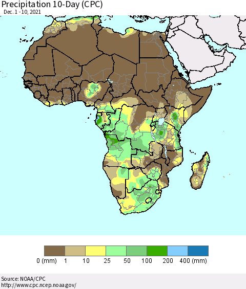 Africa Precipitation 10-Day (CPC) Thematic Map For 12/1/2021 - 12/10/2021