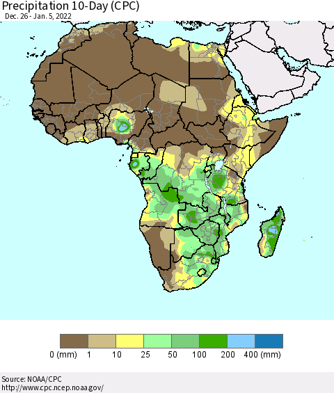 Africa Precipitation 10-Day (CPC) Thematic Map For 12/26/2021 - 1/5/2022