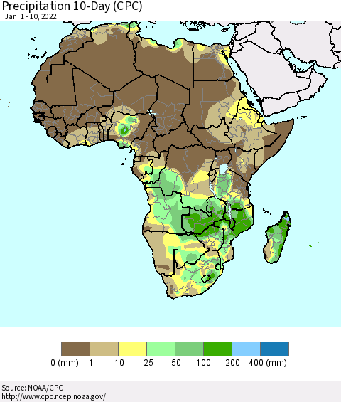 Africa Precipitation 10-Day (CPC) Thematic Map For 1/1/2022 - 1/10/2022