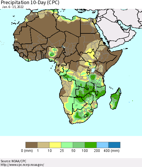 Africa Precipitation 10-Day (CPC) Thematic Map For 1/6/2022 - 1/15/2022