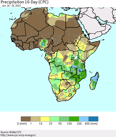 Africa Precipitation 10-Day (CPC) Thematic Map For 1/16/2022 - 1/25/2022