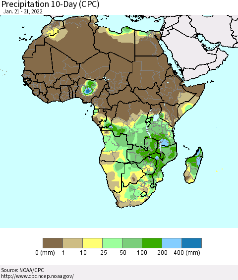 Africa Precipitation 10-Day (CPC) Thematic Map For 1/21/2022 - 1/31/2022