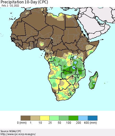 Africa Precipitation 10-Day (CPC) Thematic Map For 2/1/2022 - 2/10/2022