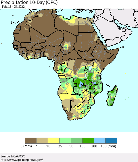 Africa Precipitation 10-Day (CPC) Thematic Map For 2/16/2022 - 2/25/2022