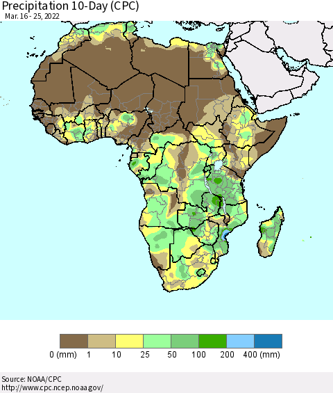 Africa Precipitation 10-Day (CPC) Thematic Map For 3/16/2022 - 3/25/2022
