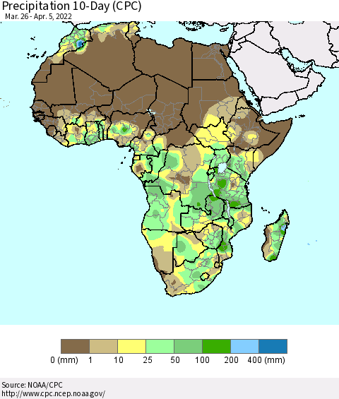Africa Precipitation 10-Day (CPC) Thematic Map For 3/26/2022 - 4/5/2022