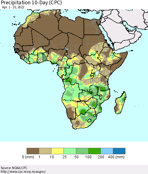 Africa Precipitation 10-Day (CPC) Thematic Map For 4/1/2022 - 4/10/2022