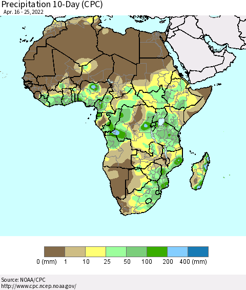 Africa Precipitation 10-Day (CPC) Thematic Map For 4/16/2022 - 4/25/2022