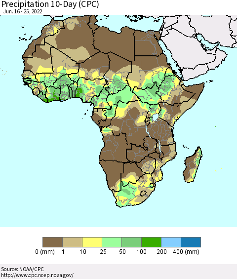 Africa Precipitation 10-Day (CPC) Thematic Map For 6/16/2022 - 6/25/2022