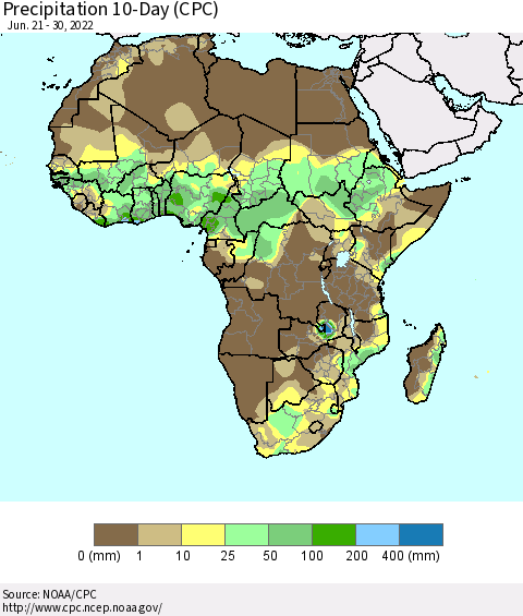 Africa Precipitation 10-Day (CPC) Thematic Map For 6/21/2022 - 6/30/2022