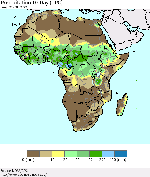 Africa Precipitation 10-Day (CPC) Thematic Map For 8/21/2022 - 8/31/2022