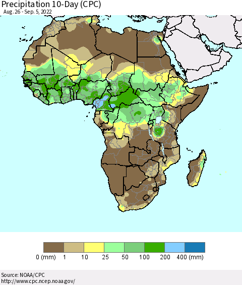 Africa Precipitation 10-Day (CPC) Thematic Map For 8/26/2022 - 9/5/2022