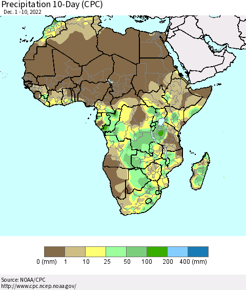 Africa Precipitation 10-Day (CPC) Thematic Map For 12/1/2022 - 12/10/2022