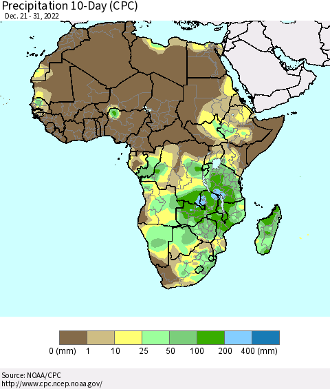 Africa Precipitation 10-Day (CPC) Thematic Map For 12/21/2022 - 12/31/2022