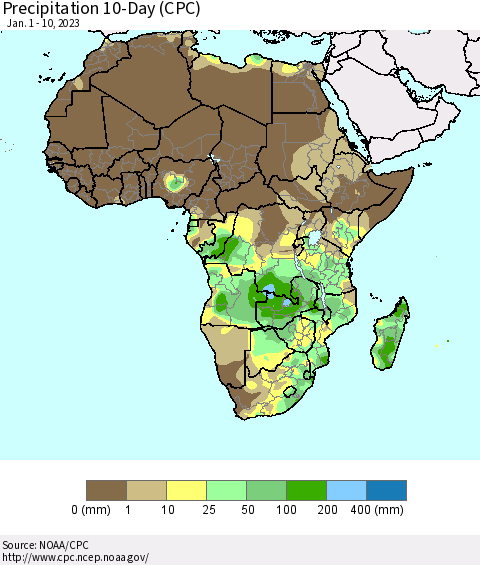 Africa Precipitation 10-Day (CPC) Thematic Map For 1/1/2023 - 1/10/2023